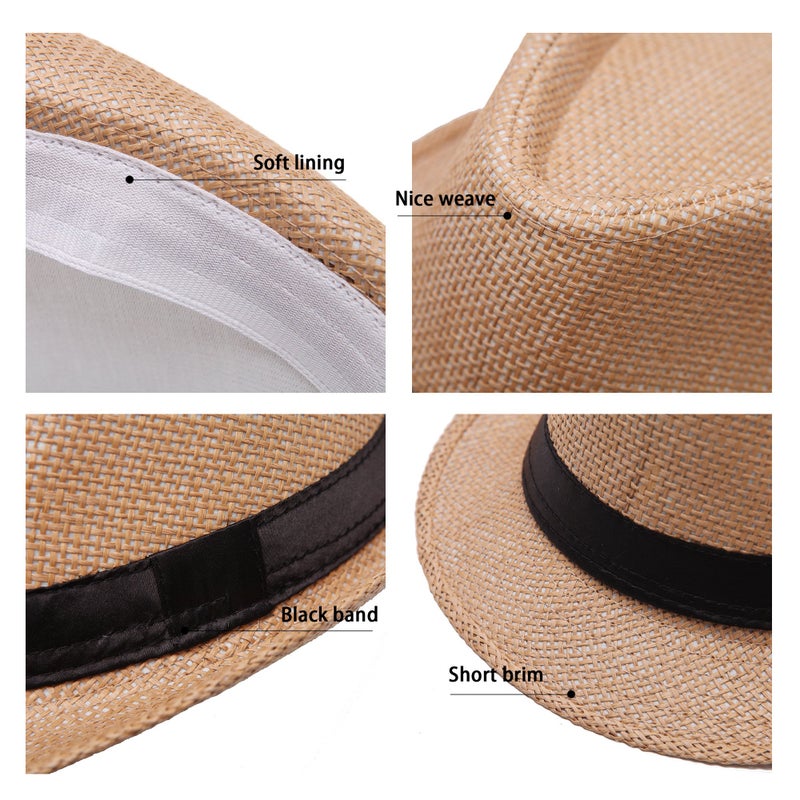 LADYBRO Fedora Hat Mens Trilby Straw Sunhat Panama Cuban Party 1920s Short Brim Summer Pack of 3(Beige,Coffee,Khaki) - Image 3